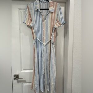 Striped Button-Down Maxi Dress in Blue & Tan